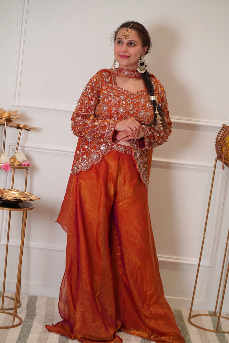 Rust Orange Embroidered Festive Palazzo Set with Dupatta