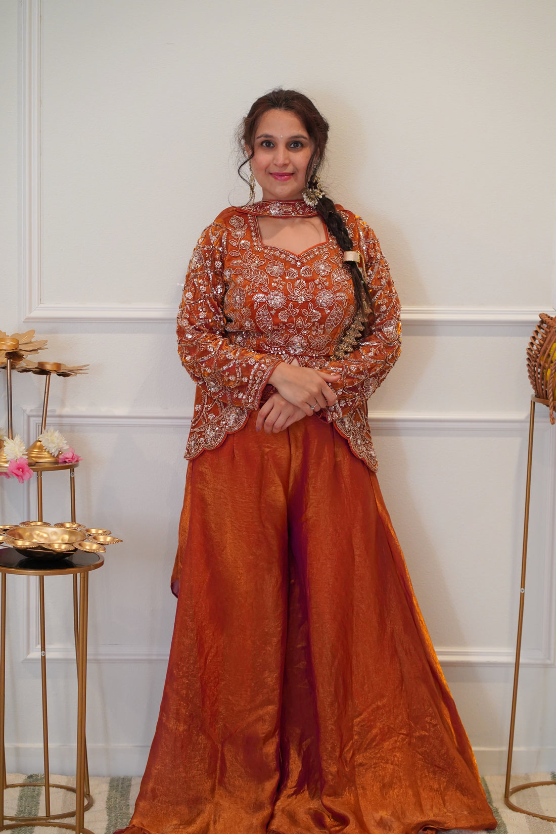 Rust Orange Embroidered Festive Palazzo Set with Dupatta