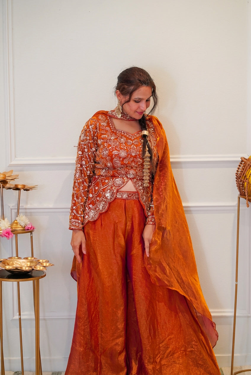 Rust Orange Embroidered Festive Palazzo Set with Dupatta