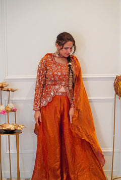 Rust Orange Embroidered Festive Palazzo Set with Dupatta