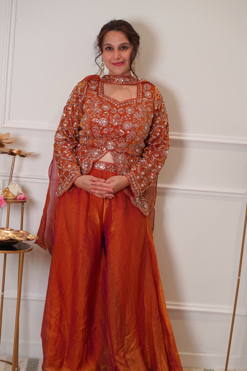 Rust Orange Embroidered Festive Palazzo Set with Dupatta