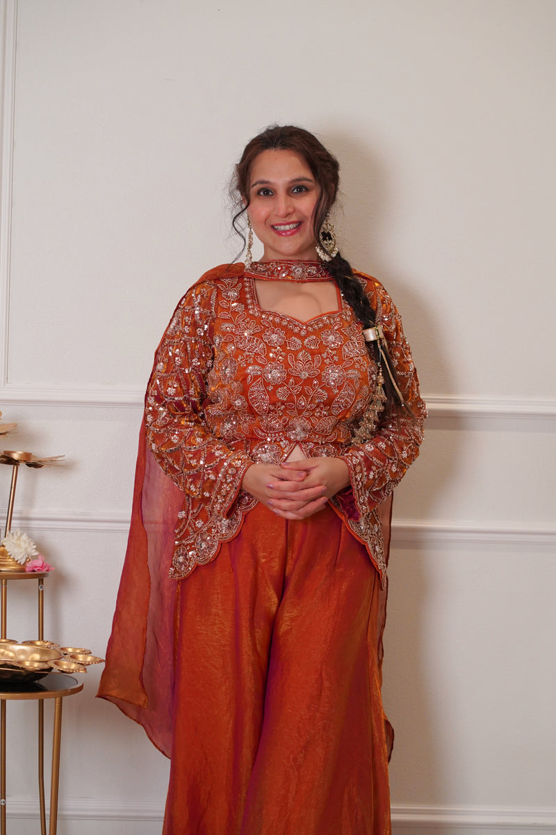 Rust Orange Embroidered Festive Palazzo Set with Dupatta
