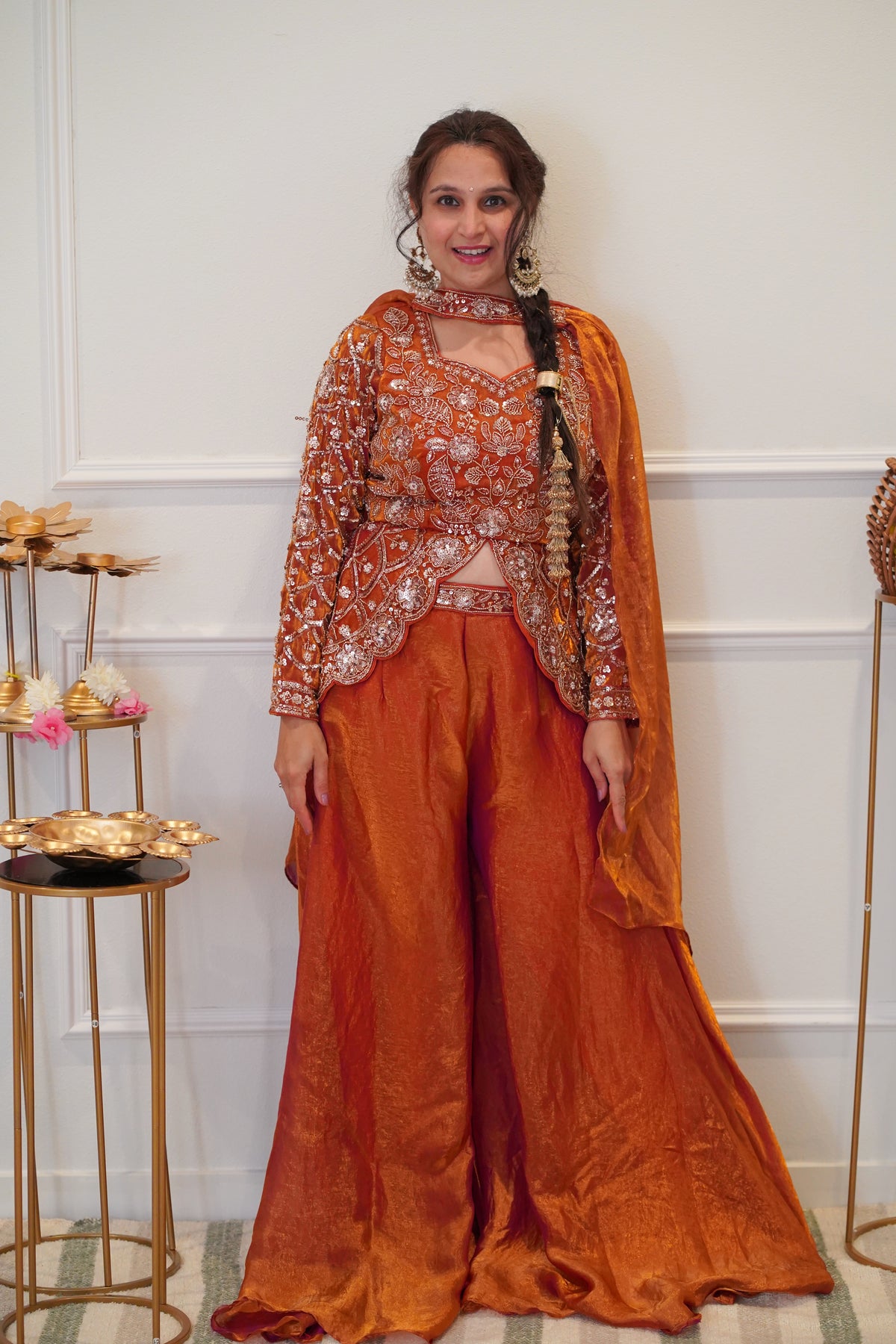 Rust Orange Embroidered Festive Palazzo Set with Dupatta