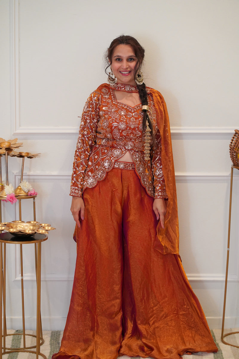 Rust Orange Embroidered Festive Palazzo Set with Dupatta