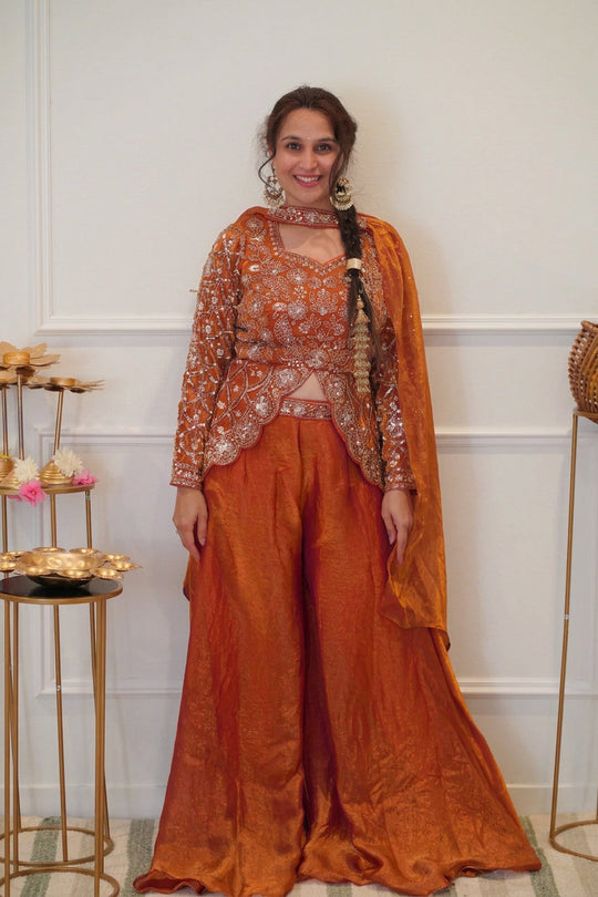 Rust Orange Embroidered Festive Palazzo Set with Dupatta