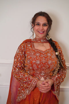 Rust Orange Embroidered Festive Palazzo Set with Dupatta