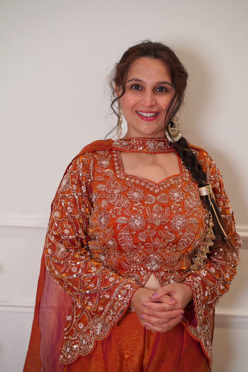 Rust Orange Embroidered Festive Palazzo Set with Dupatta