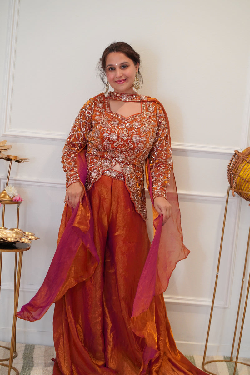 Rust Orange Embroidered Festive Palazzo Set with Dupatta