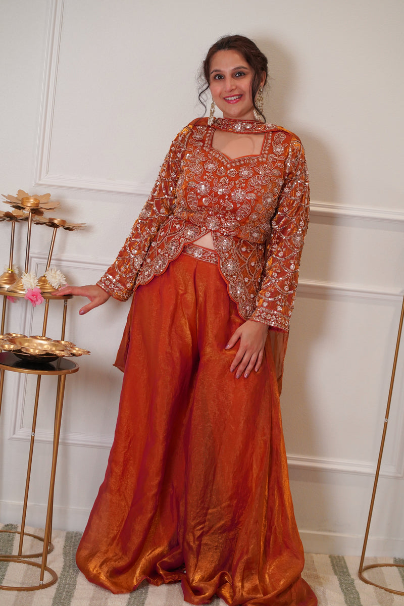 Rust Orange Embroidered Festive Palazzo Set with Dupatta