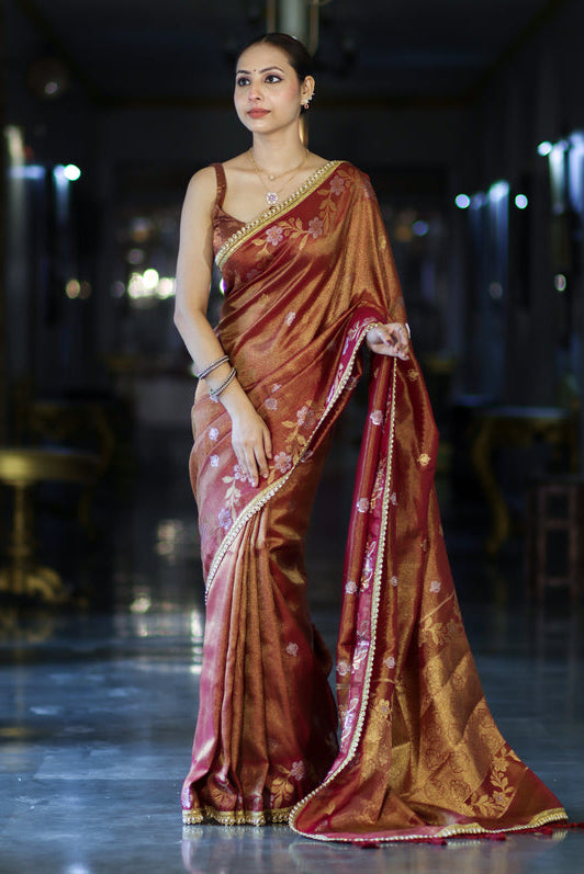 Gulnaar Antique Gold Floral Banarasi Saree