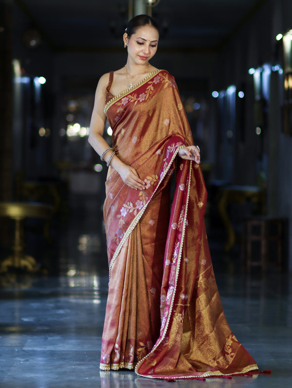 Gulnaar Antique Gold Floral Banarasi Saree