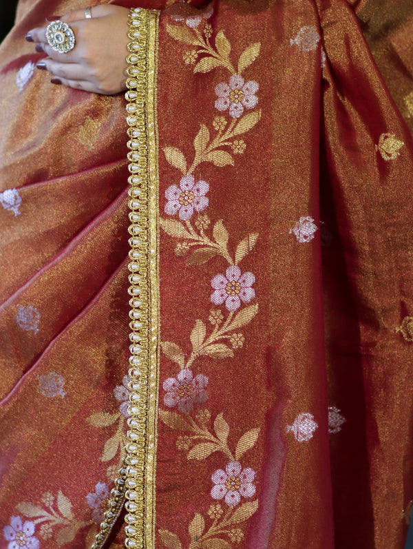 Gulnaar Antique Gold Floral Banarasi Saree