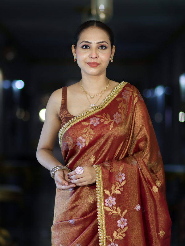 Gulnaar Antique Gold Floral Banarasi Saree
