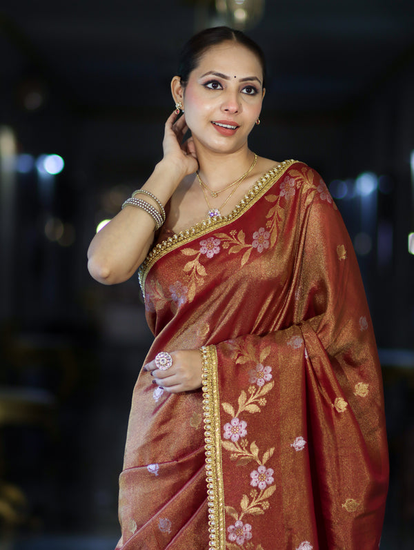 Gulnaar Antique Gold Floral Banarasi Saree