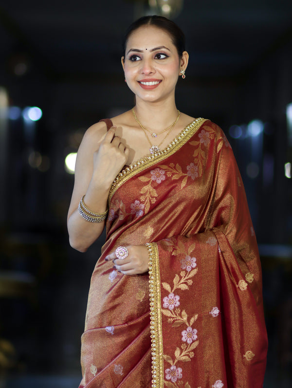 Gulnaar Antique Gold Floral Banarasi Saree