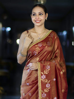 Gulnaar Antique Gold Floral Banarasi Saree