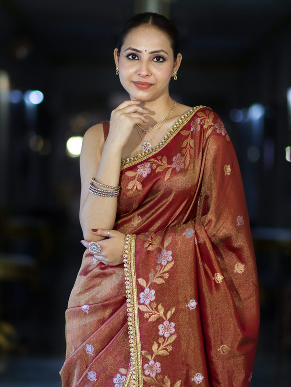 Gulnaar Antique Gold Floral Banarasi Saree