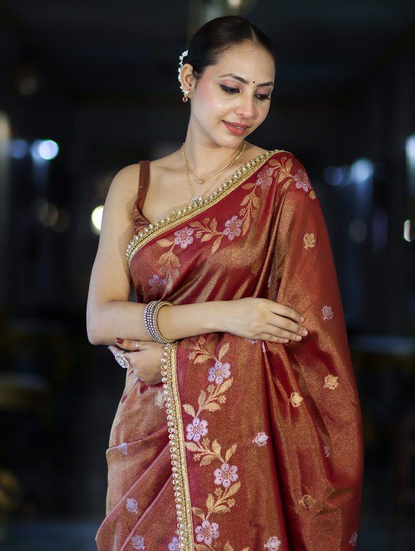 Gulnaar Antique Gold Floral Banarasi Saree