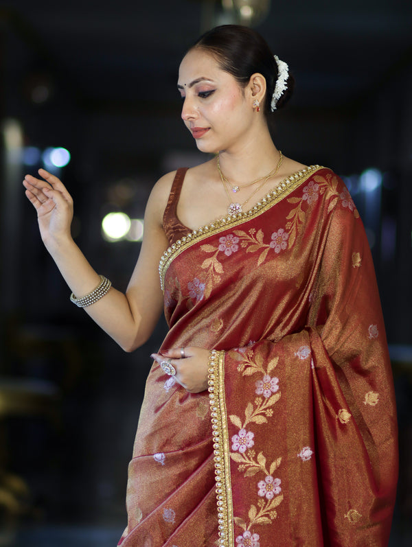 Gulnaar Antique Gold Floral Banarasi Saree