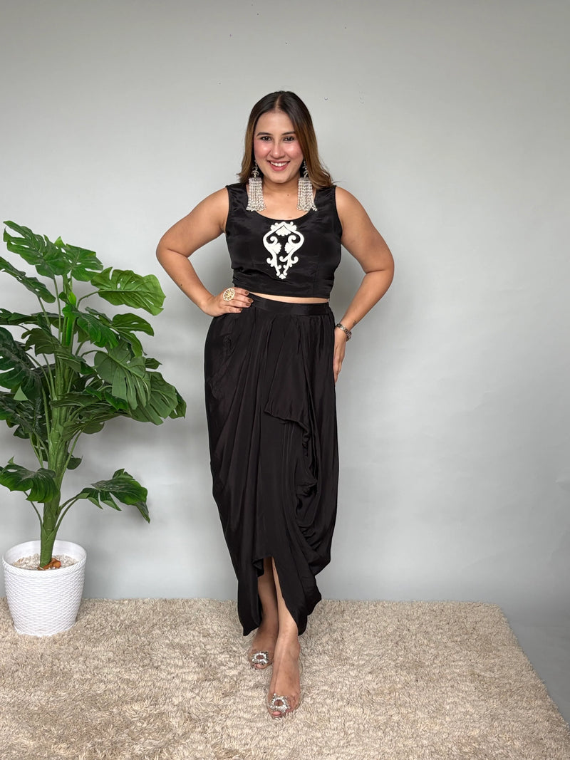 Black Crepe Silk Drape Skirt Set