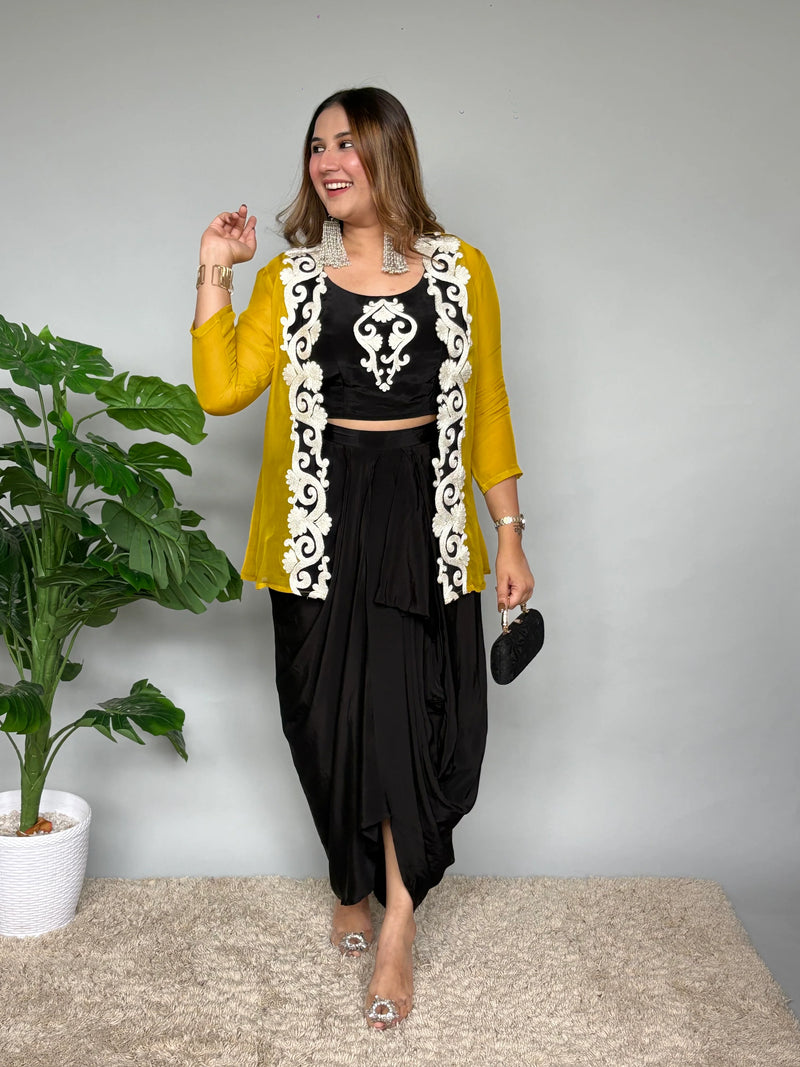 Black Crepe Silk Drape Skirt Set