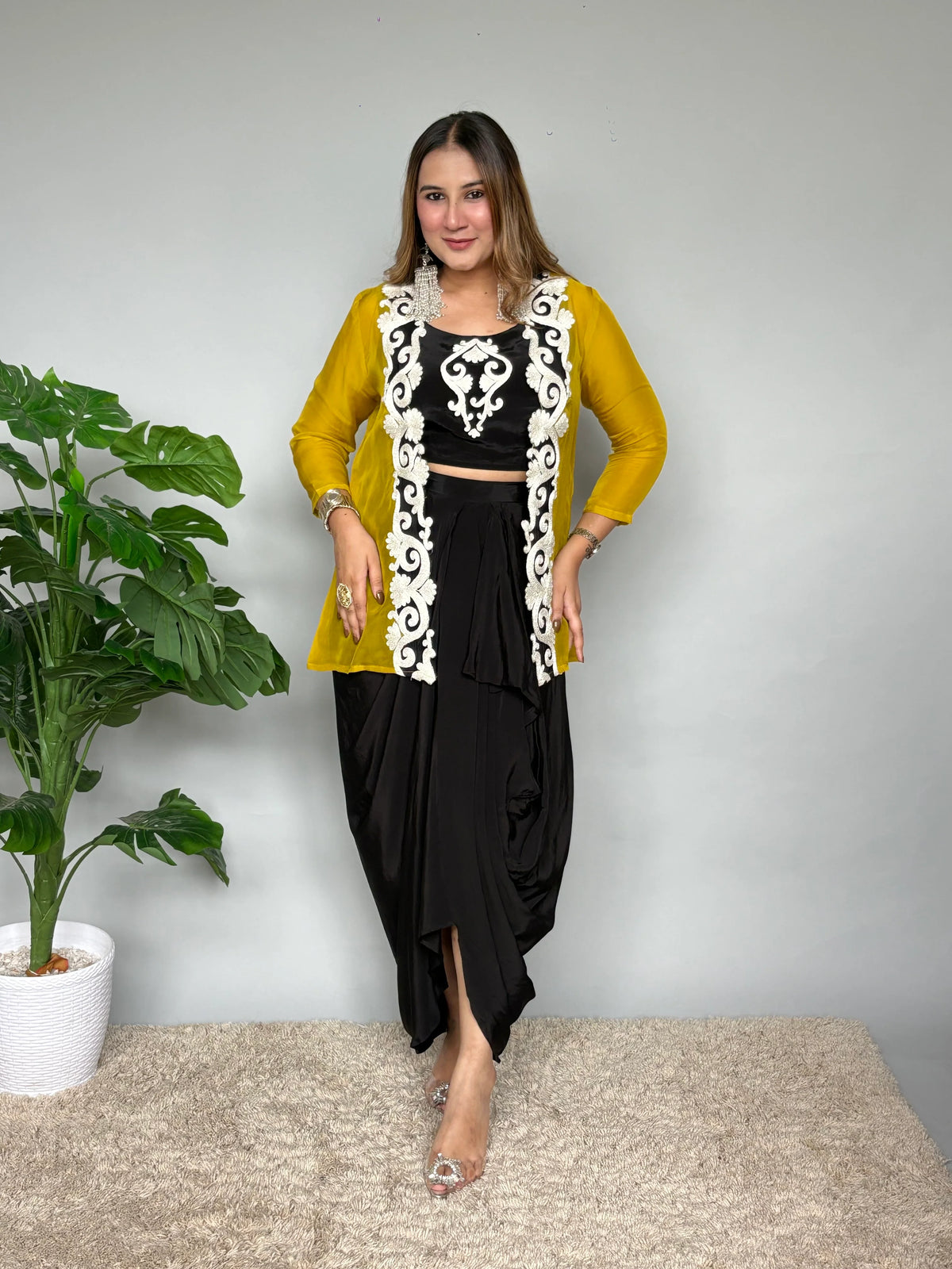 Black Crepe Silk Drape Skirt Set