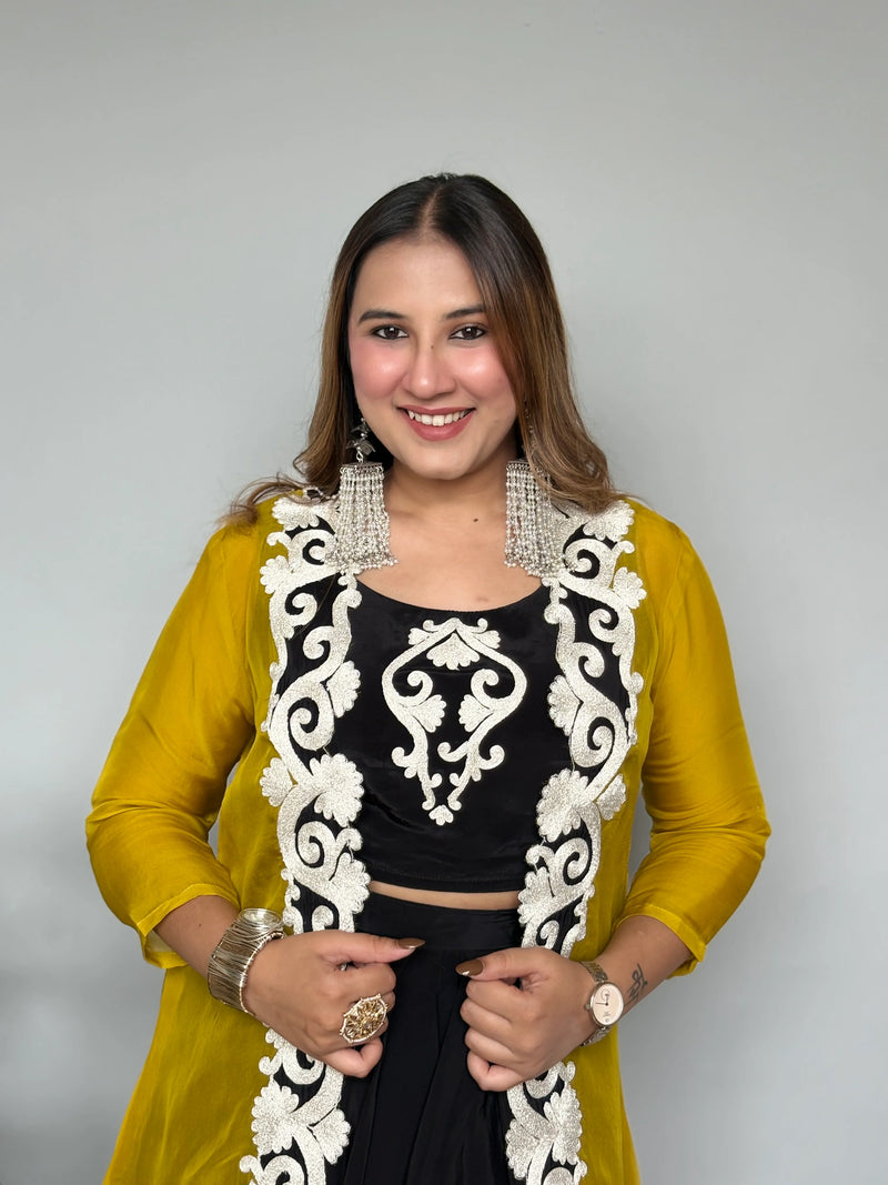 Black Crepe Silk Drape Skirt Set