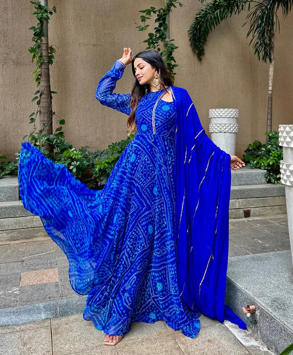 Graceful Navy Blue Bandhani Anarkali Outfit