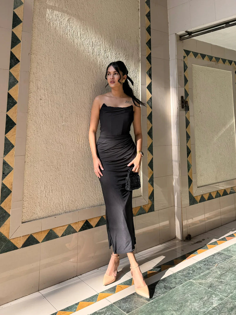 Black Lycra Corset Midi Dress