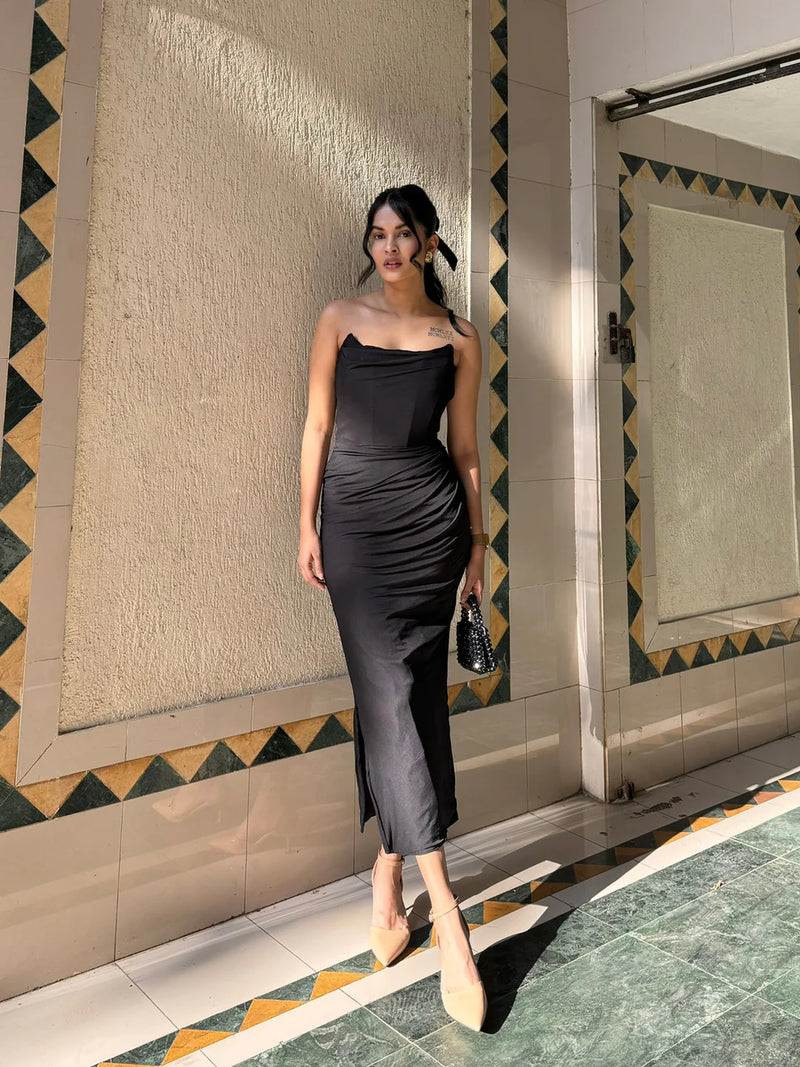 Black Lycra Corset Midi Dress