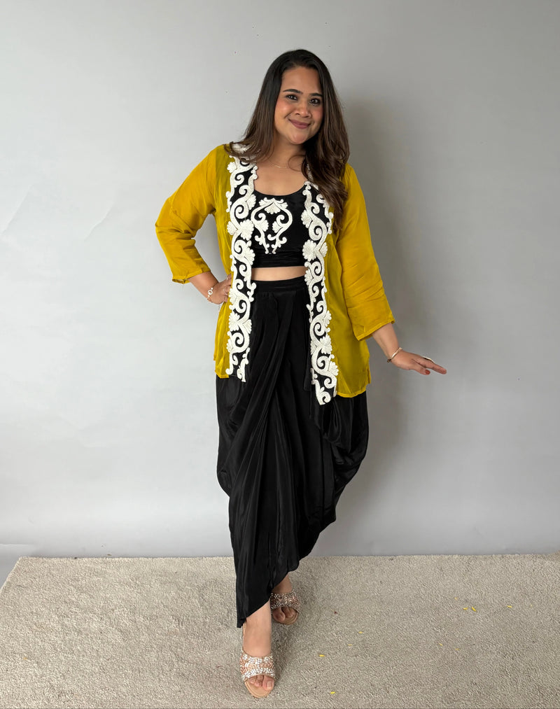 Black Crepe Silk Drape Skirt Set