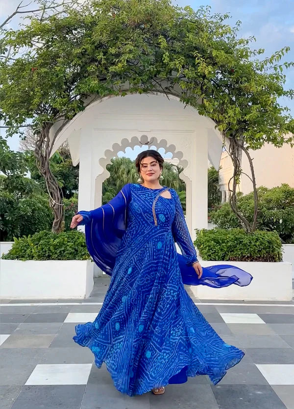 Graceful Navy Blue Bandhani Anarkali Outfit