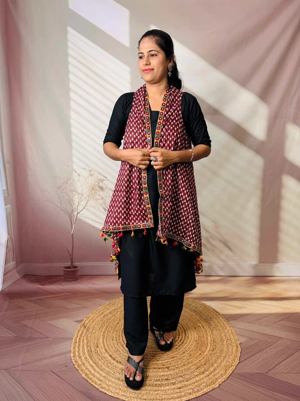 Riwaayat Maroon Handcrafted Cotton Embroidered Shrug