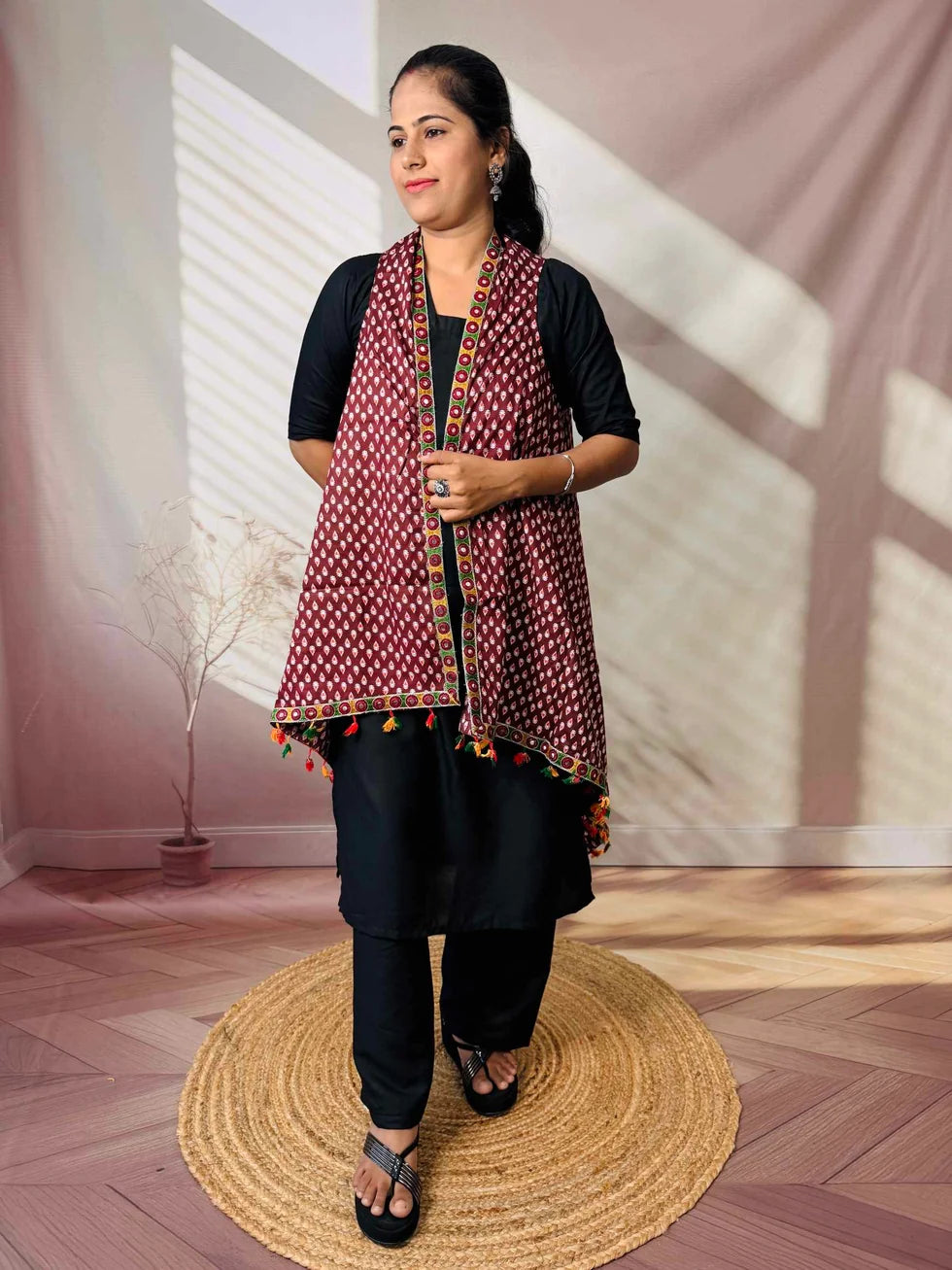Riwaayat Maroon Handcrafted Cotton Embroidered Shrug