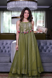 Olive Green Mirror Work Layered Sharara Set