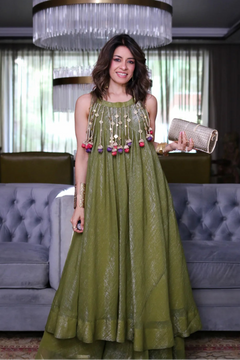 Olive Green Mirror Work Layered Sharara Set