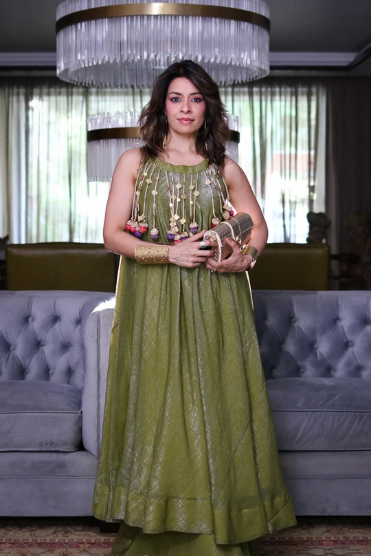 Olive Green Mirror Work Layered Sharara Set