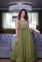 Olive Green Mirror Work Layered Sharara Set