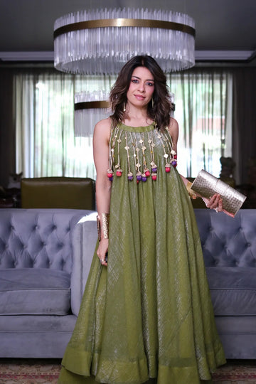 Olive Green Mirror Work Layered Sharara Set
