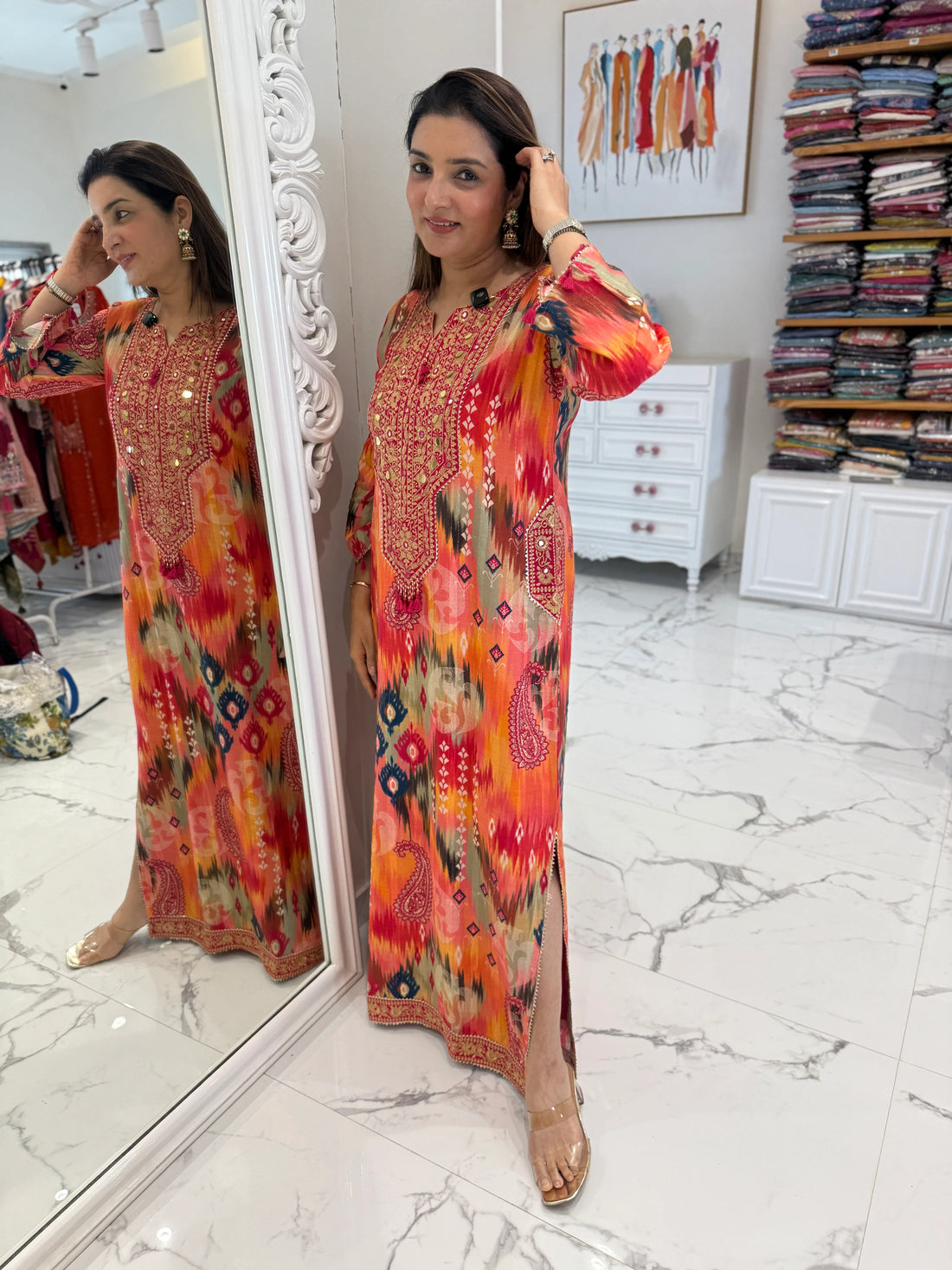 Multicolor Cotton Thread Mirror Kaftan Set