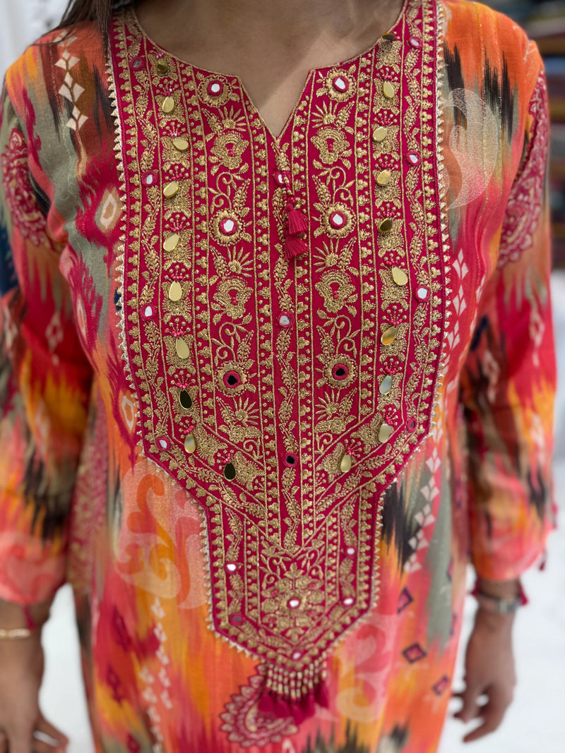 Multicolor Cotton Thread Mirror Kaftan Set