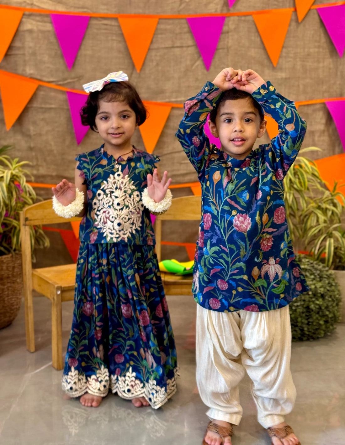 Navy Blue Chanderi Floral Kurta Patiala