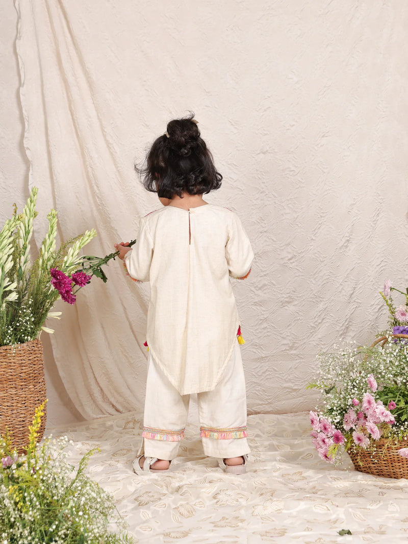 Off White Flax Cotton Thread Mirror Kurta Pant