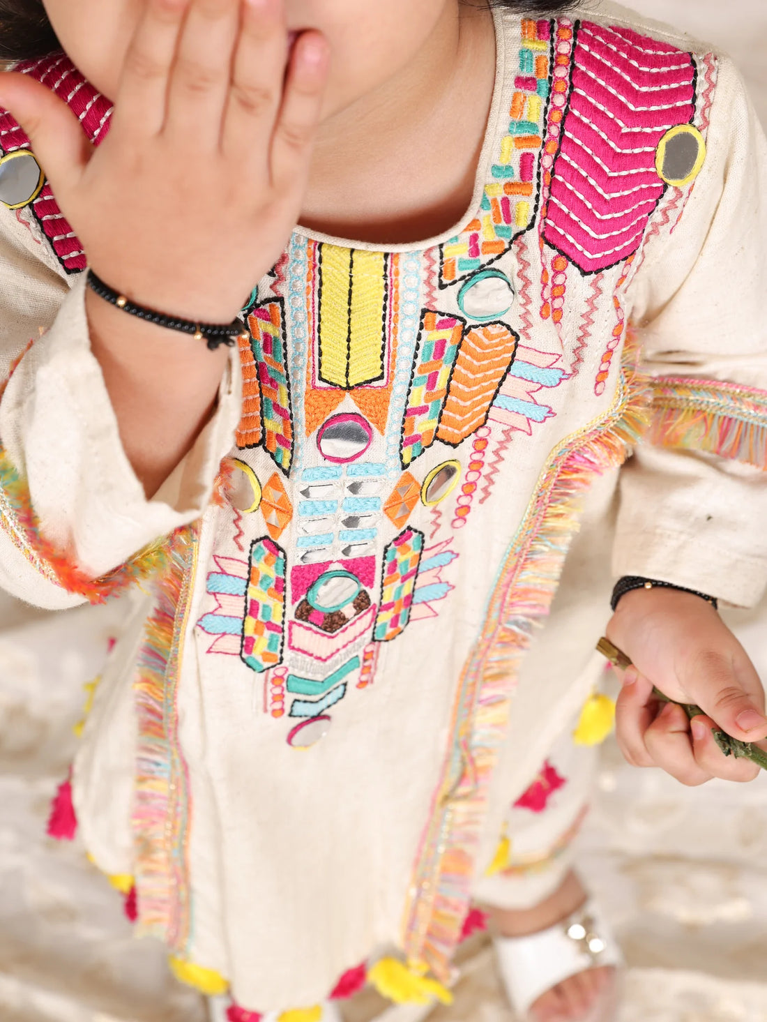 Off White Flax Cotton Thread Mirror Kurta Pant