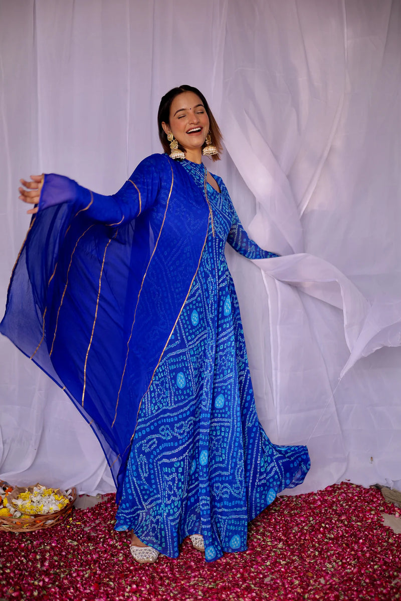 Graceful Navy Blue Bandhani Anarkali with Dupatta