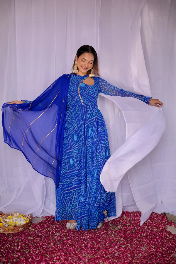 Graceful Navy Blue Bandhani Anarkali Outfit