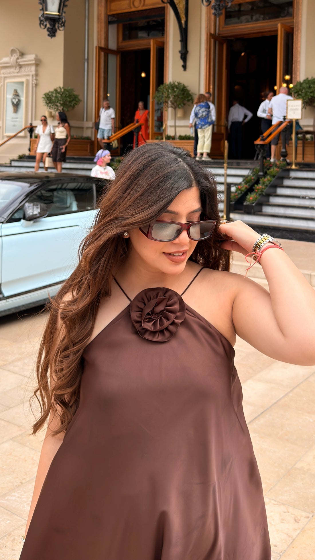 Rosette Brown Cotton Satin Mini Dress