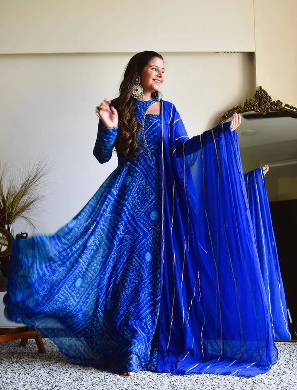 Graceful Navy Blue Bandhani Anarkali Outfit