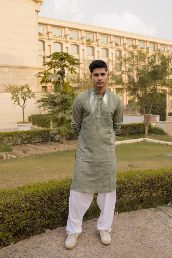 Green Mirror Embroidered Festive Kurta