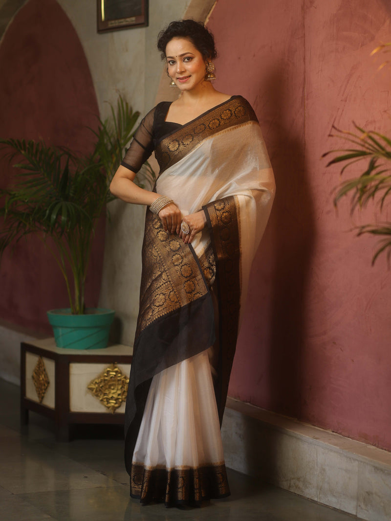 White Black Semi Silk Saree Zari Border